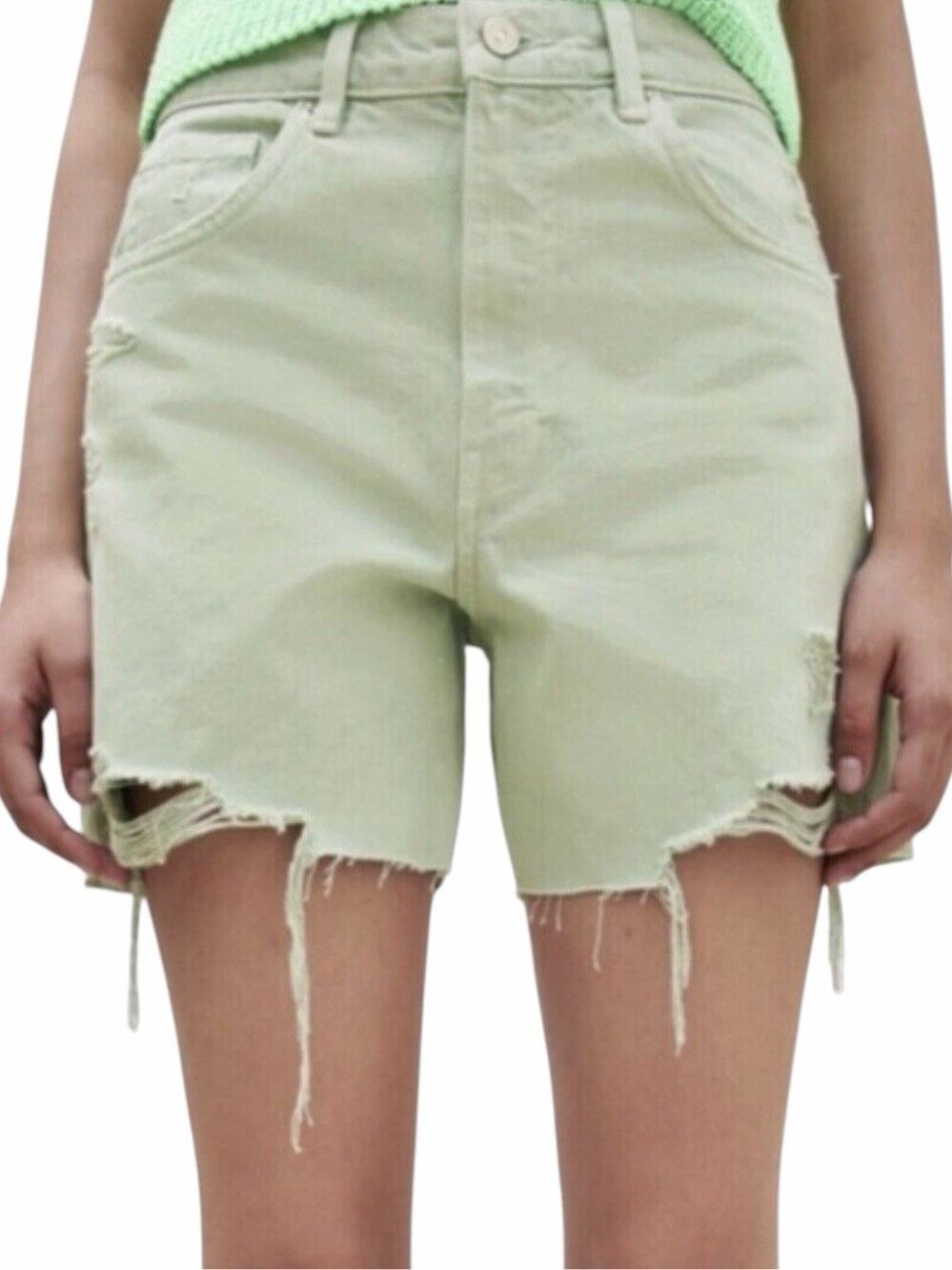 ZARA High Waisted Distressed Dad Denim Shorts Pale Green Raw Hem 4
